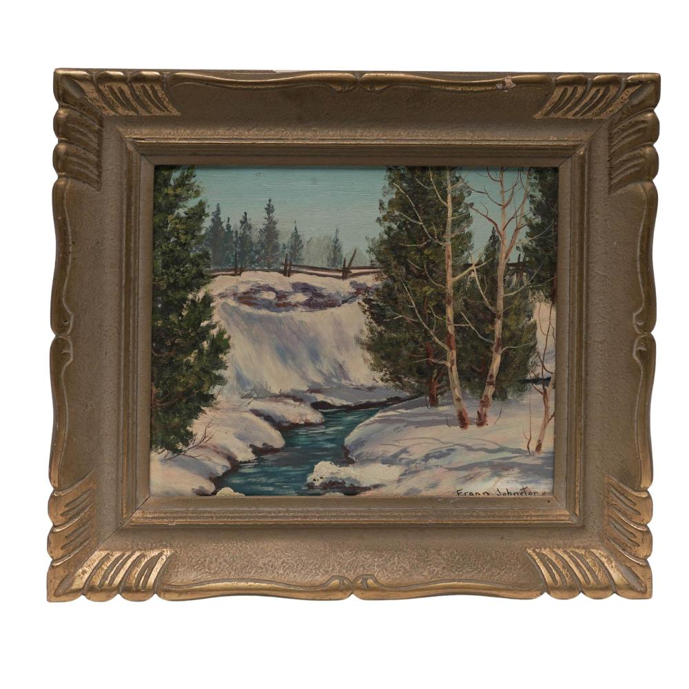 Franz Johnston (Canadian, 1888-1949) "Winter Stream" Oil on Board