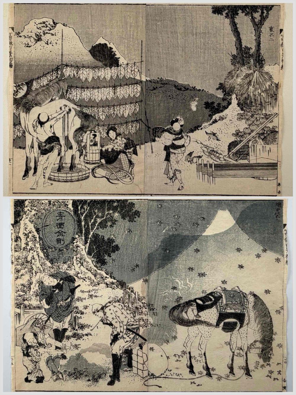 Two Japanese Woodblock Double-Page Prints From Hokusai's One Hundred Views Of Mount Fuji