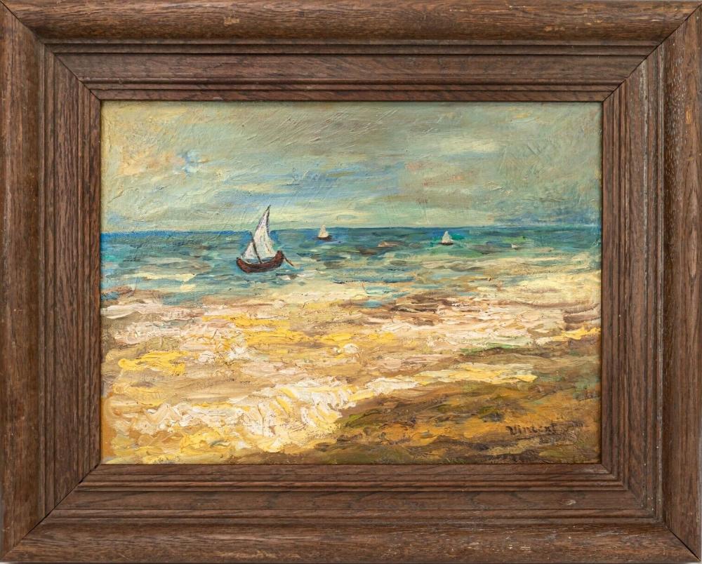 VINCENT VAN GOGH [DUTCH] 1853-1890 [MANNER OF] "TROIS BATEAUX DE PECHE" OIL ON CANVAS, A SIGNATURE LOWER RIGHT, 25X40CMS, ORIGINAL FRAME. PRIVATE COLLECTION.