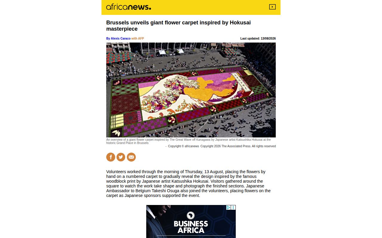 Brussels unveils giant flower carpet inspired by Hokusai masterpiece