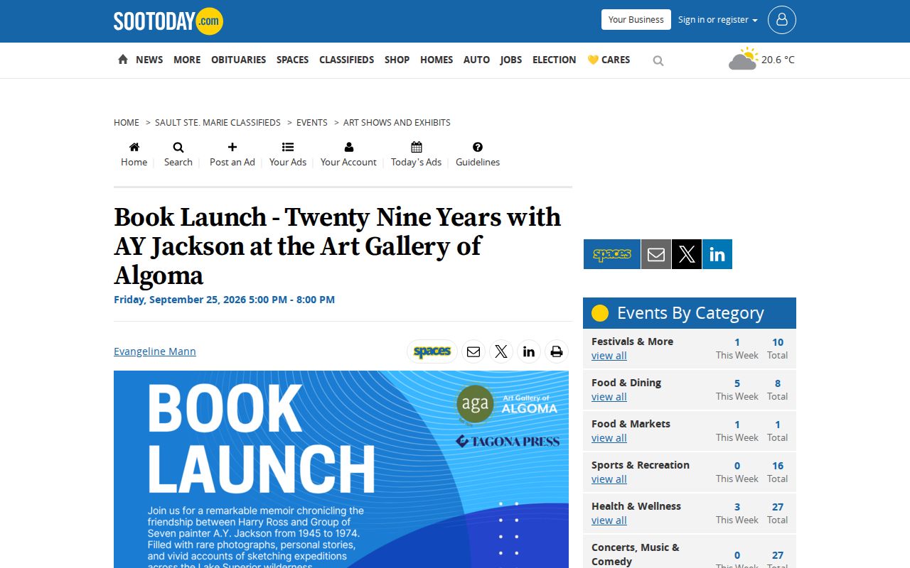 Book Launch - Twenty Nine Years with AY Jackson at the Art Gallery of Algoma