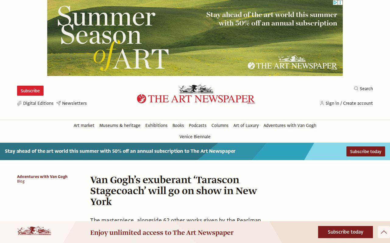 Van Gogh’s exuberant ‘Tarascon Stagecoach’ will go on show in New York